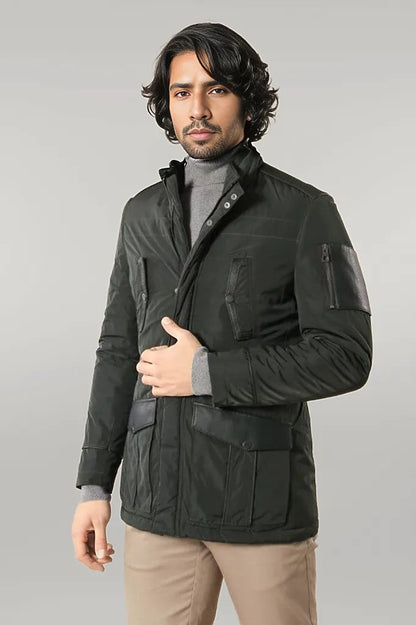 Leather Modeled Green Slim Fit Quilted Jacket