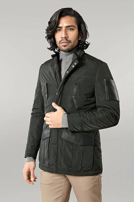 Leather Modeled Green Slim Fit Quilted Jacket