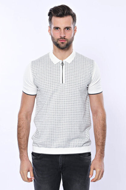 Light Grey Plaid Zippered Knitted Polo T-Shirt