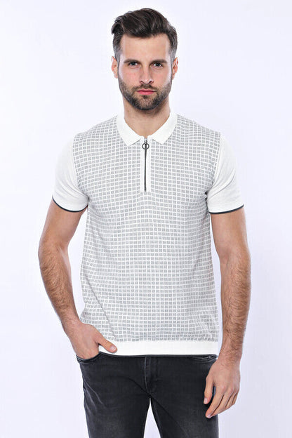 Light Grey Plaid Zippered Knitted Polo T-Shirt