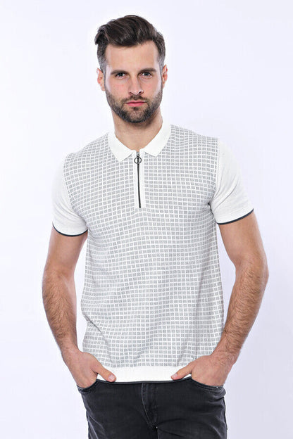 Light Grey Plaid Zippered Knitted Polo T-Shirt
