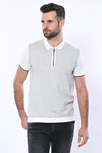 Light Grey Plaid Zippered Knitted Polo T-Shirt