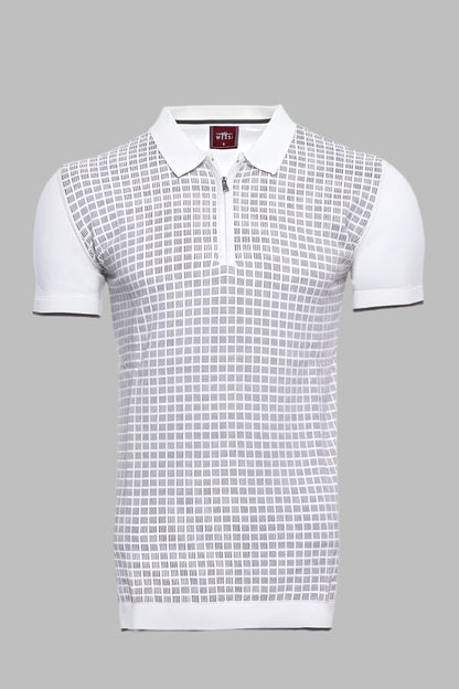 Light Grey Plaid Zippered Knitted Polo T-Shirt