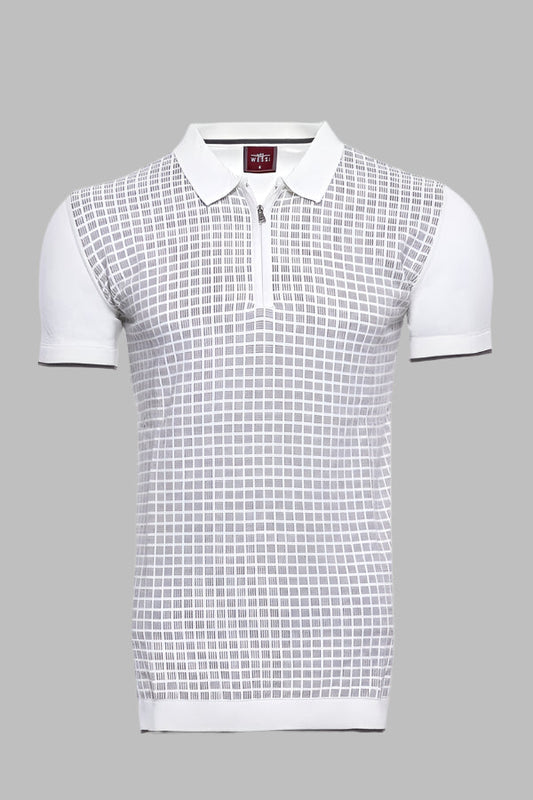 Light Grey Plaid Zippered Knitted Polo T-Shirt