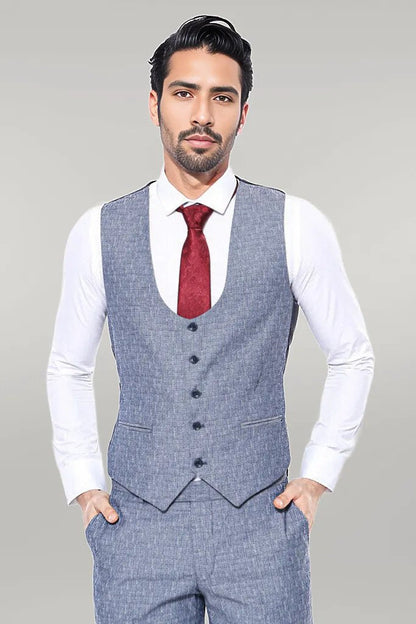 KOALA SYDNEY  Linen Touch Blue Men's 3 Piece Suit -