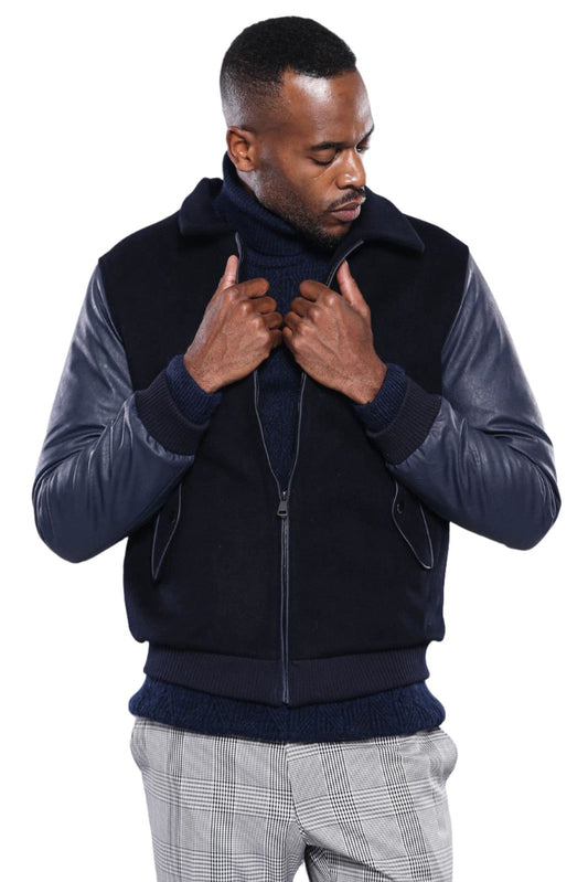 Leather Sleeve Navy Blue Cachet Coat