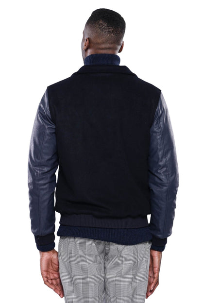 Leather Sleeve Navy Blue Cachet Coat