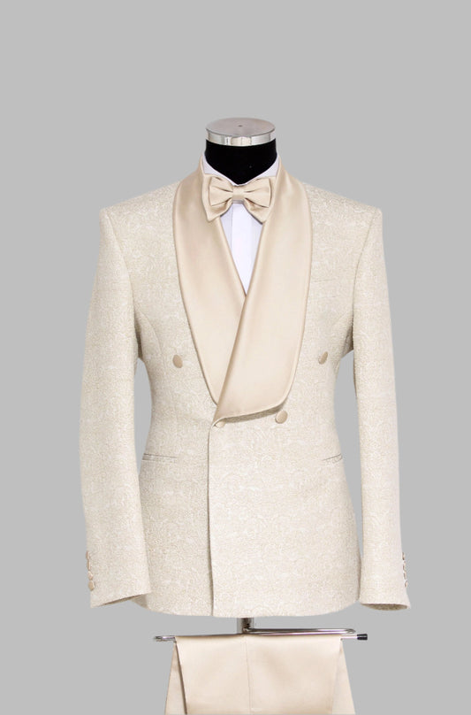 KOALA SYDNEY Brocade Double-Breasted Satin Lapel Ivory Men's Tuxedo with Bow Tie