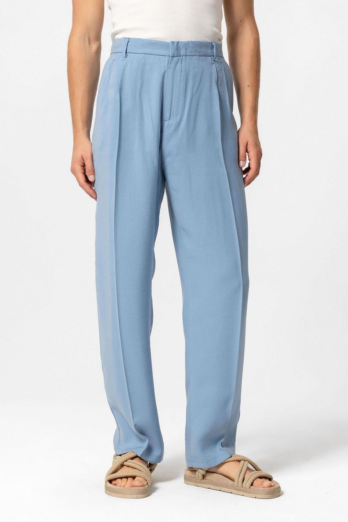 Men's Blue High-Waist Pleated Baggy Pants