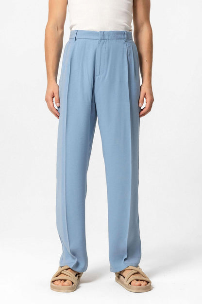 Men's Blue High-Waist Pleated Baggy Pants