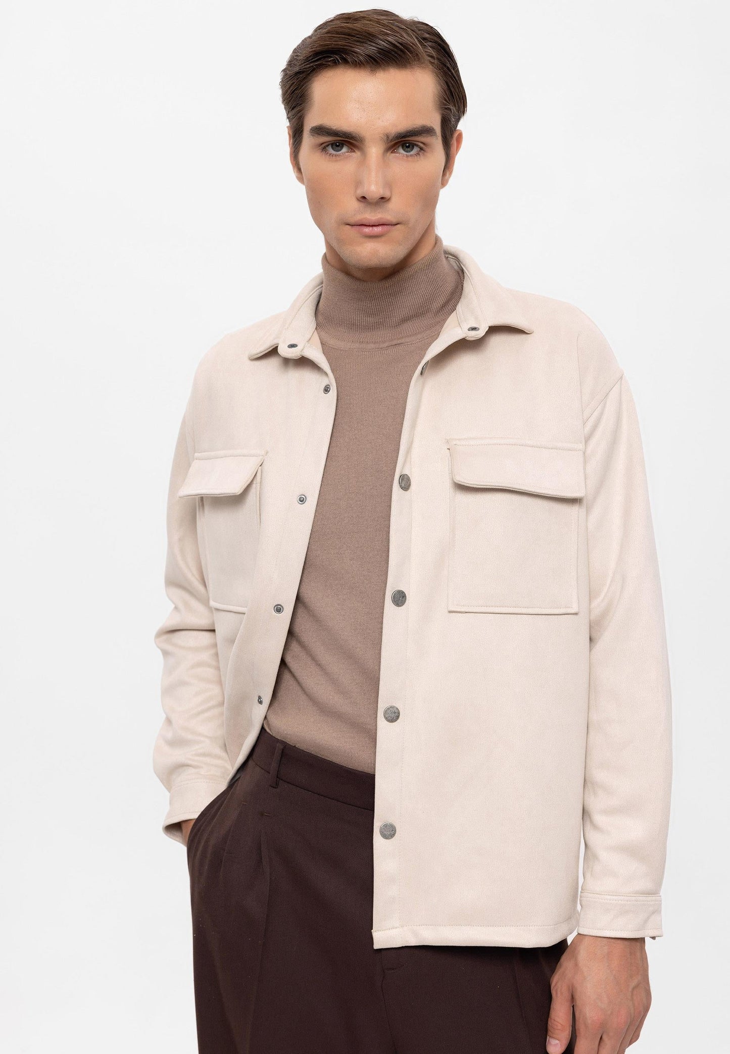 Men's Stone Suede Regular Fit Shirt with Metal Buttons -