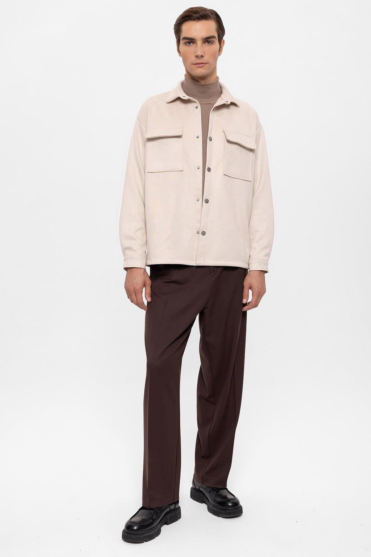 Men's Stone Suede Regular Fit Shirt with Metal Buttons