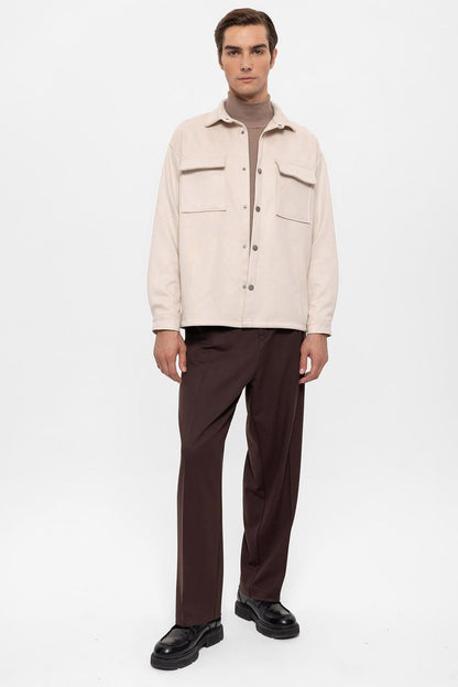 Men's Stone Suede Regular Fit Shirt with Metal Buttons