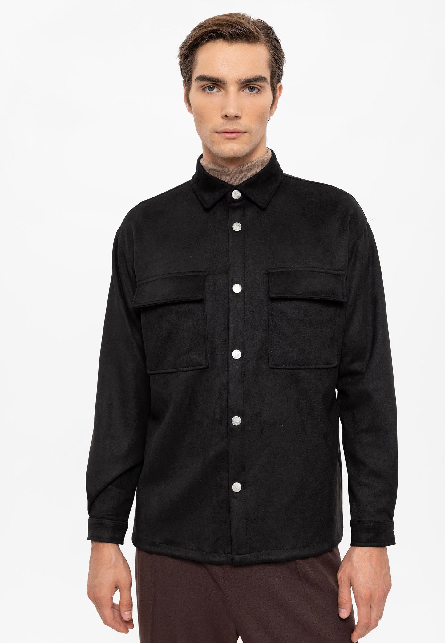 Men's Black Suede Regular Fit Shirt with Metal Buttons