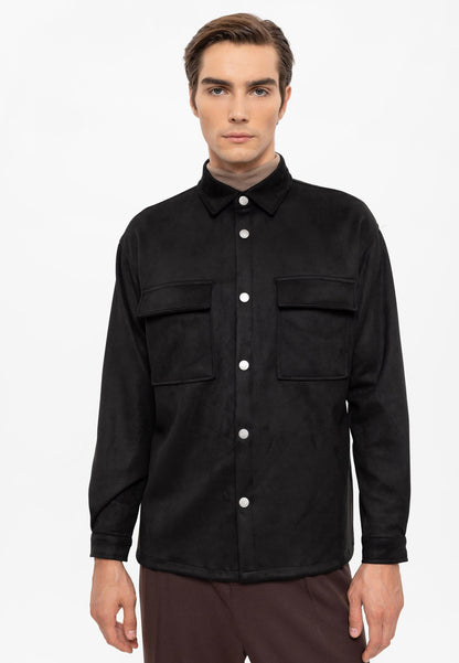 Men's Black Suede Regular Fit Shirt with Metal Buttons