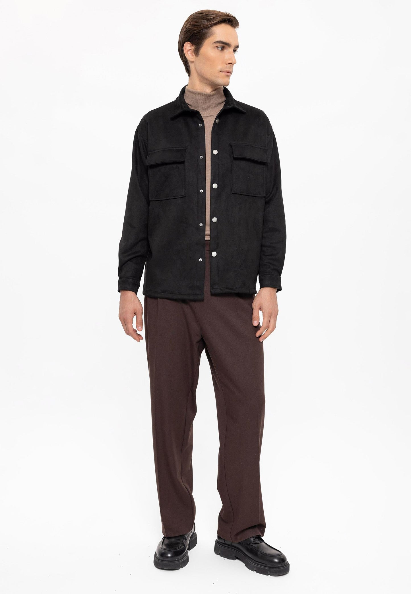 Men's Black Suede Regular Fit Shirt with Metal Buttons