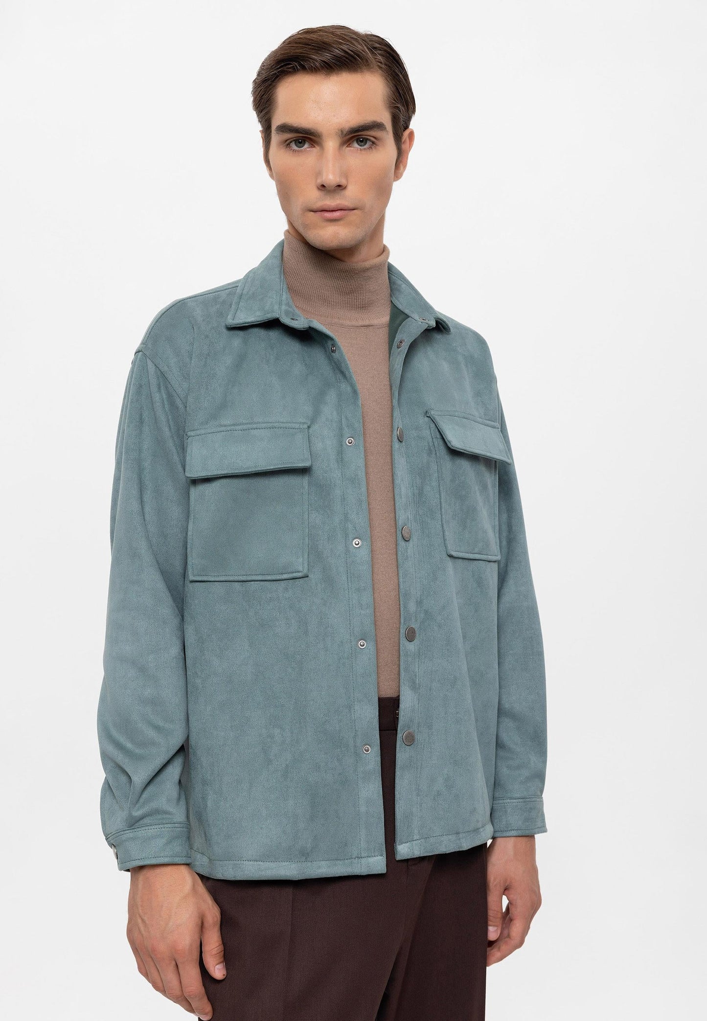 Men's Mint Suede Regular Fit Shirt with Metal Buttons