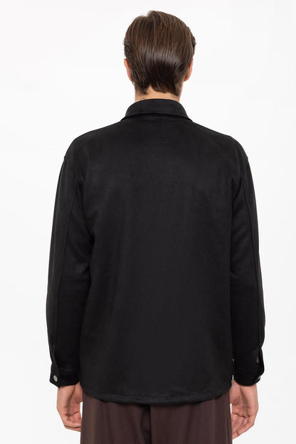 Men's Black Suede Regular Fit Shirt with Metal Buttons
