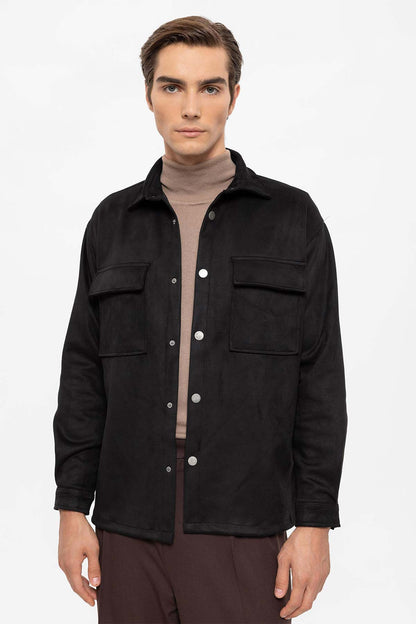 Men's Black Suede Regular Fit Shirt with Metal Buttons