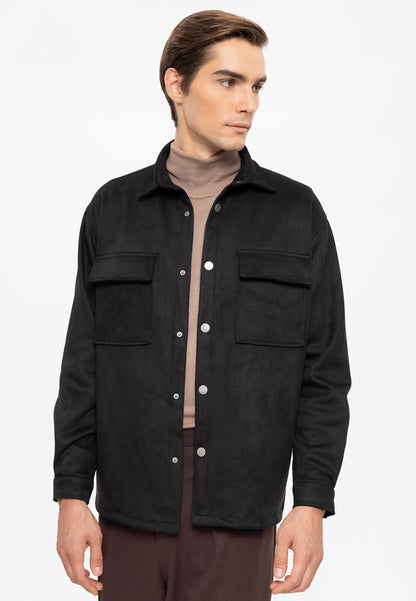 Men's Black Suede Regular Fit Shirt with Metal Buttons