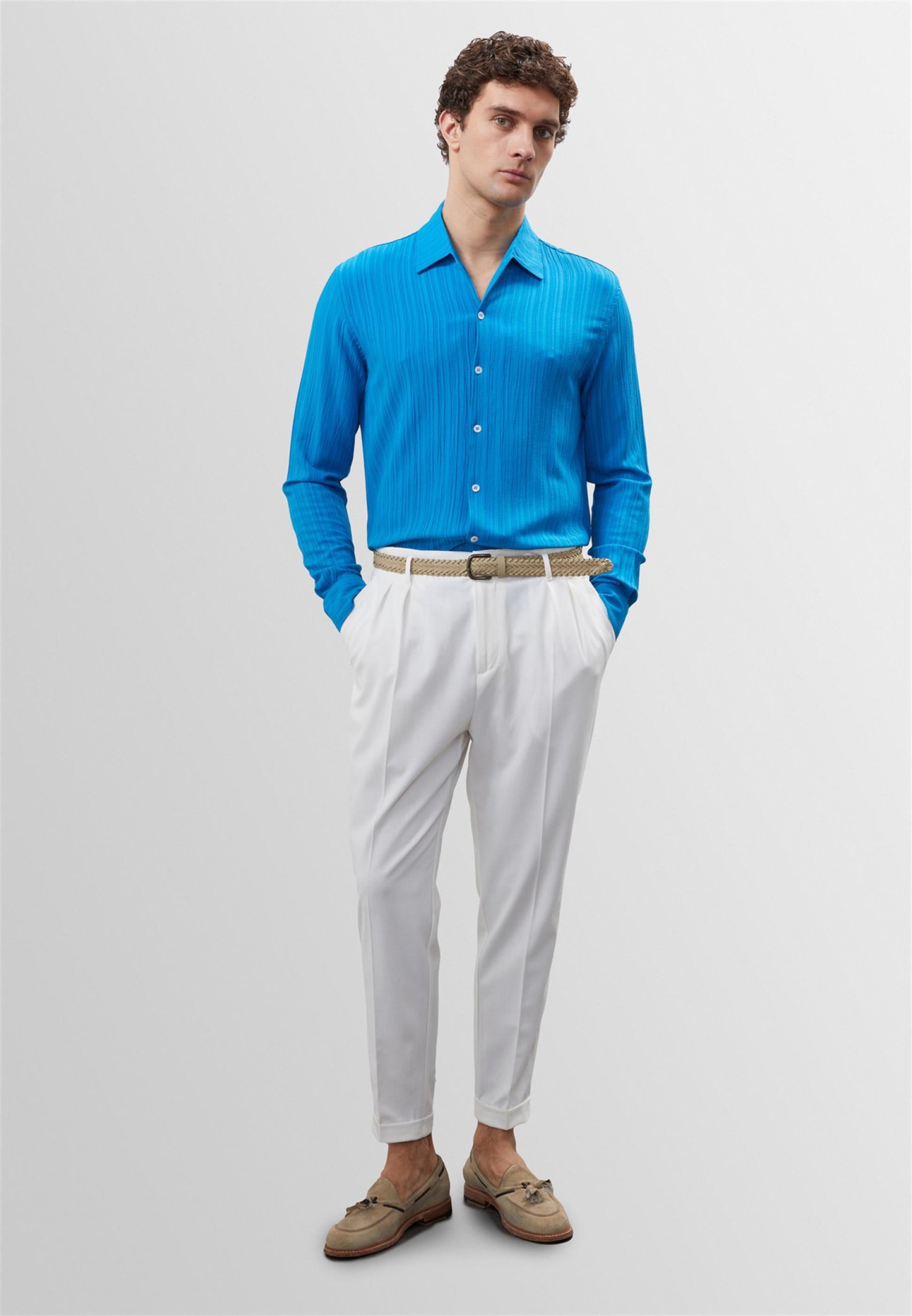 Men's Sax Muslin Fabric Slim Fit Shirt