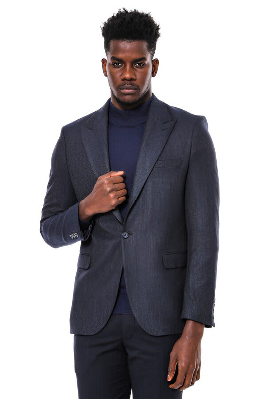 Navy Blue Patterned Slim-Fit Blazer -