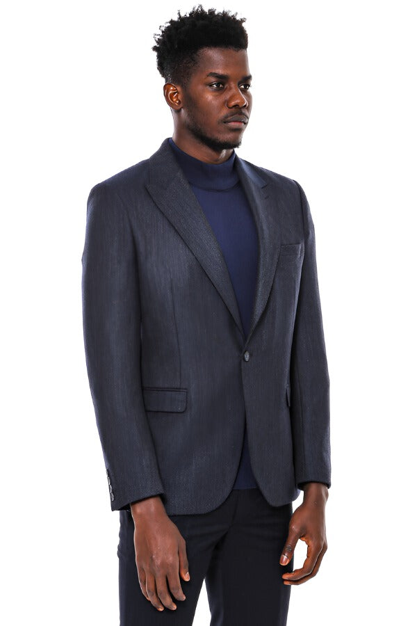 Navy Blue Patterned Slim-Fit Blazer -