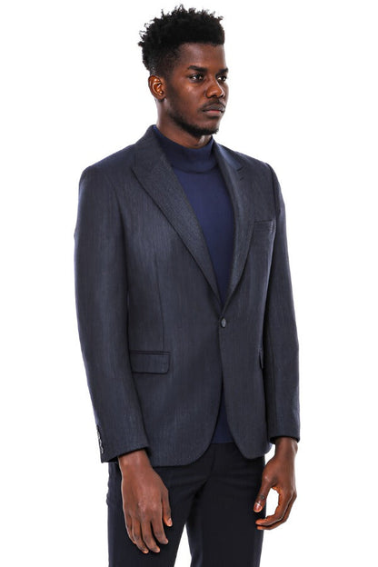 Navy Blue Patterned Slim-Fit Blazer -