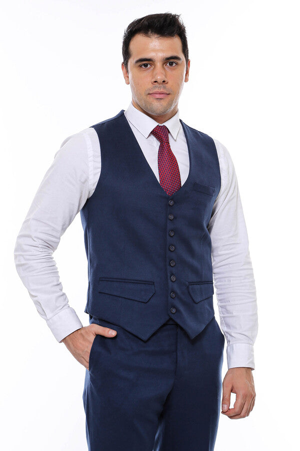 Navy Blue Plain 8 Buttoned Vest