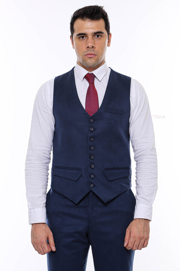 Navy Blue Plain 8 Buttoned Vest