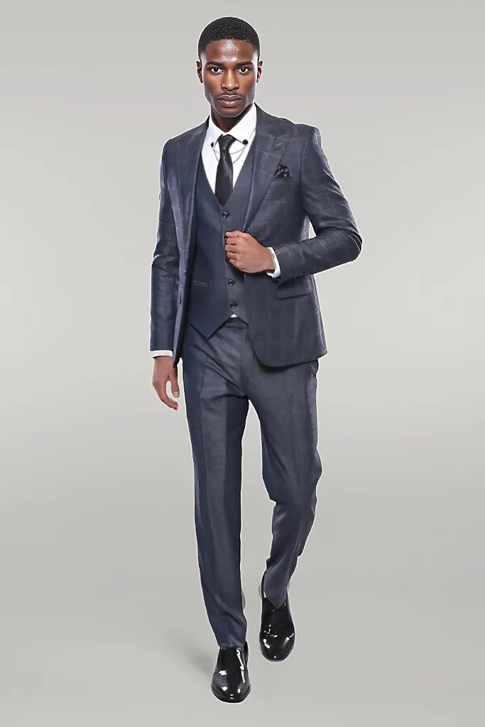 Navy Patterned Vested Suit |