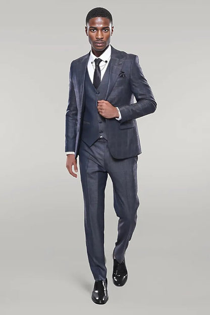 Navy Patterned Vested Suit |