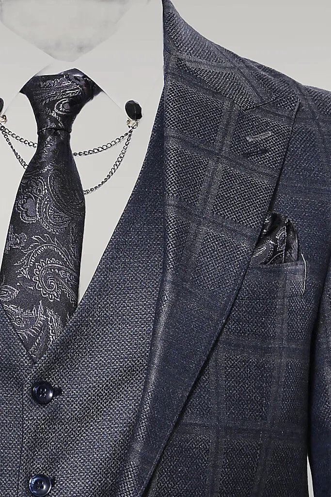 Navy Patterned Vested Suit |