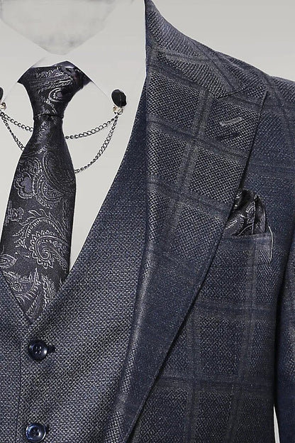 Navy Patterned Vested Suit |