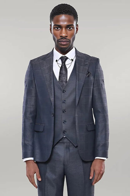 Navy Patterned Vested Suit |