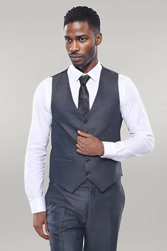 Navy Patterned Vested Suit |