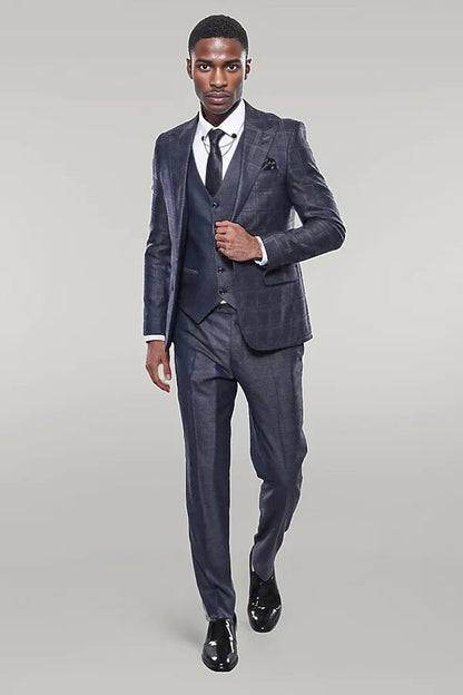 Navy Patterned Vested Suit |