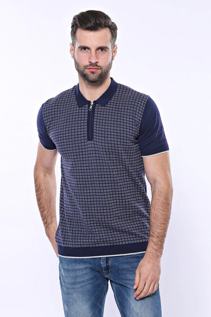 Navy Plaid Zippered Knitted Polo T-Shirt