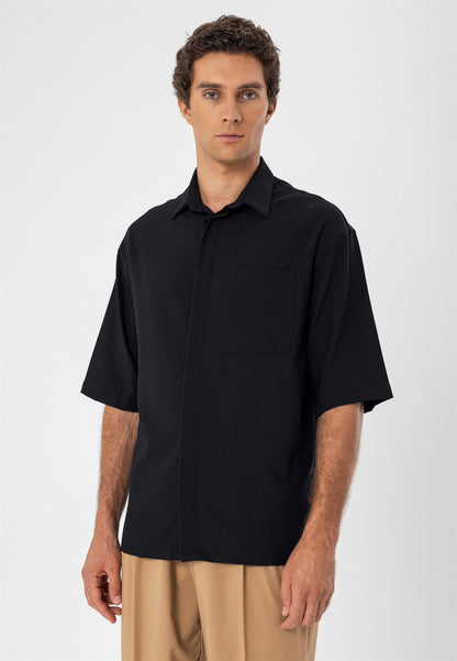 Men's Black Oversize Hidden Button Short Sleeve Shirt