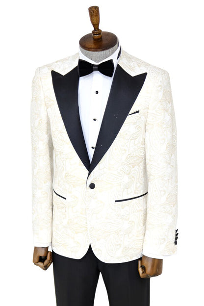 Paisley Peak Lapel White Men Groom Wedding Jacket -
