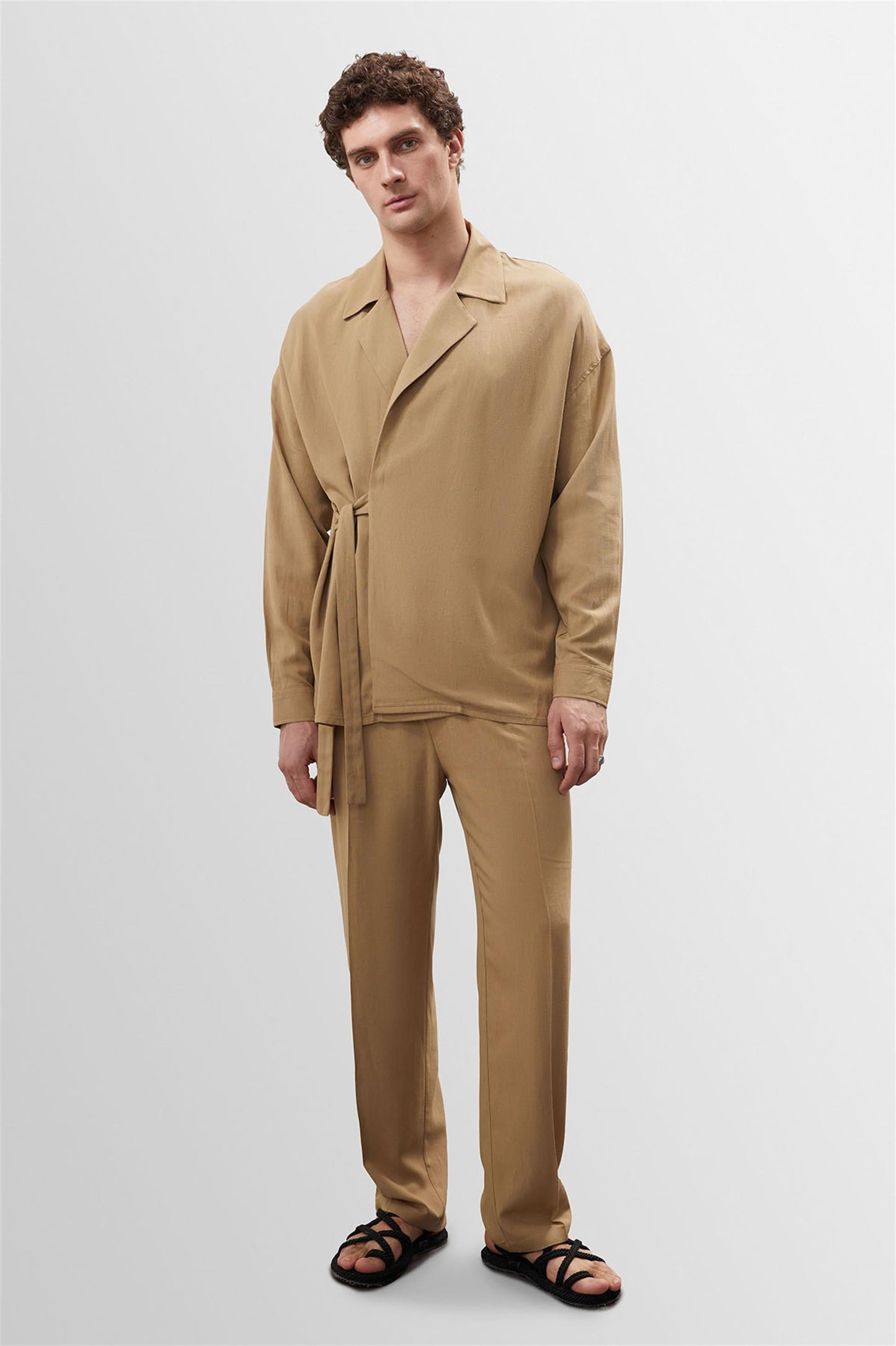 Men's Light Mink High Waist Pleated Linen Blend Trousers