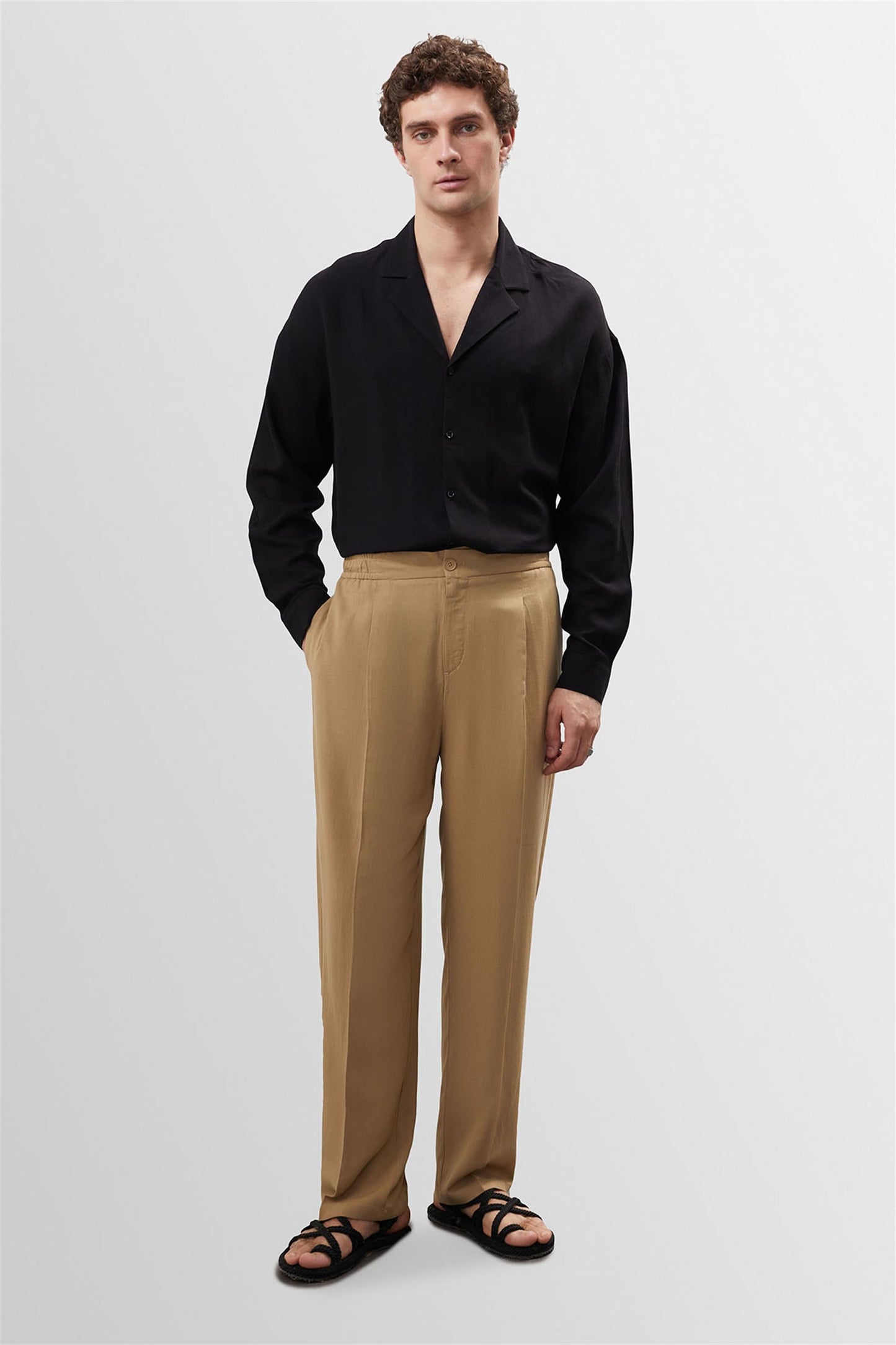 Men's Light Mink High Waist Pleated Linen Blend Trousers