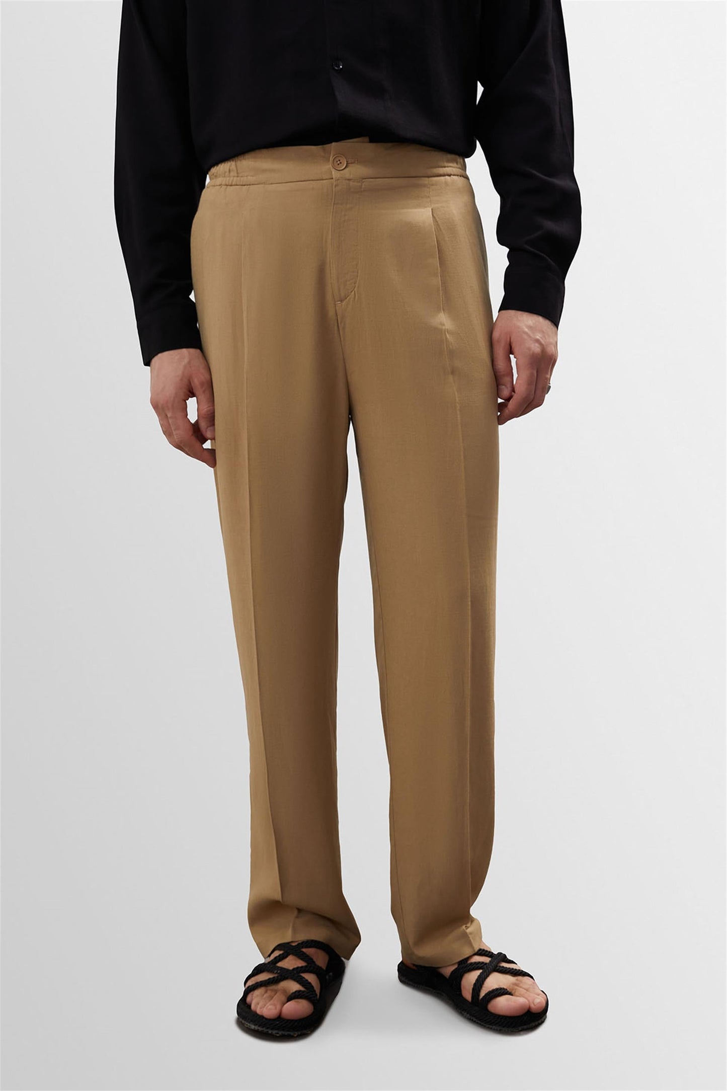 Men's Light Mink High Waist Pleated Linen Blend Trousers