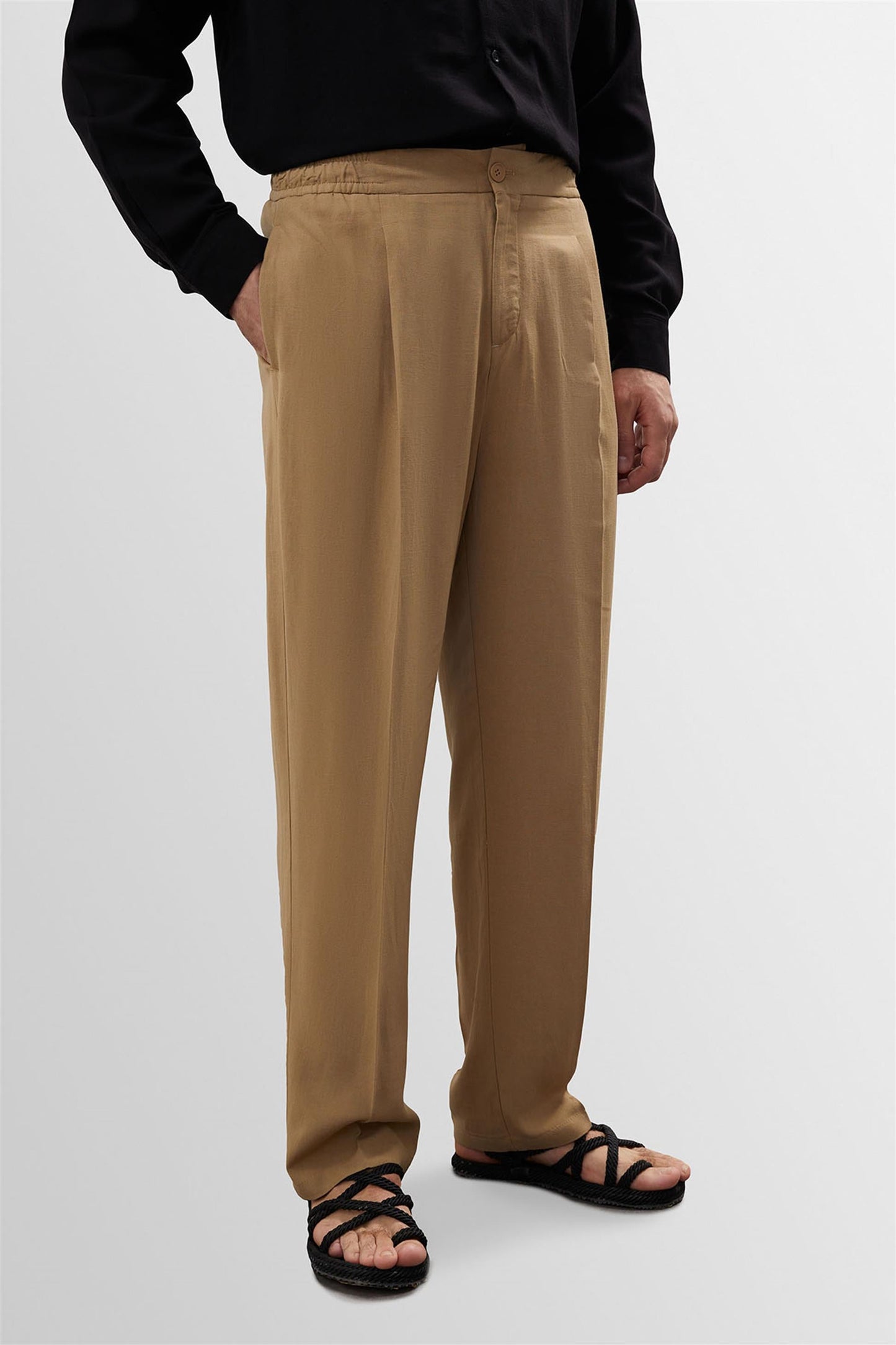 Men's Light Mink High Waist Pleated Linen Blend Trousers