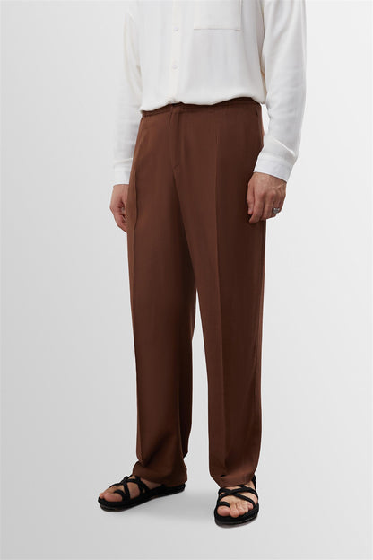 Men's Brown High Waist Pleated Linen Blend Trousers