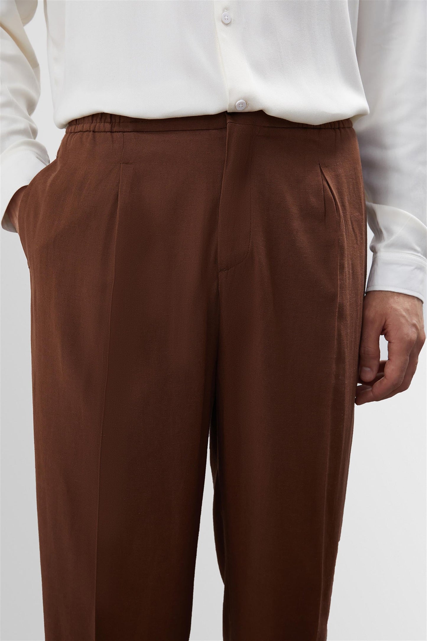 Men's Brown High Waist Pleated Linen Blend Trousers