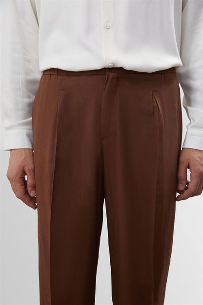 Men's Brown High Waist Pleated Linen Blend Trousers