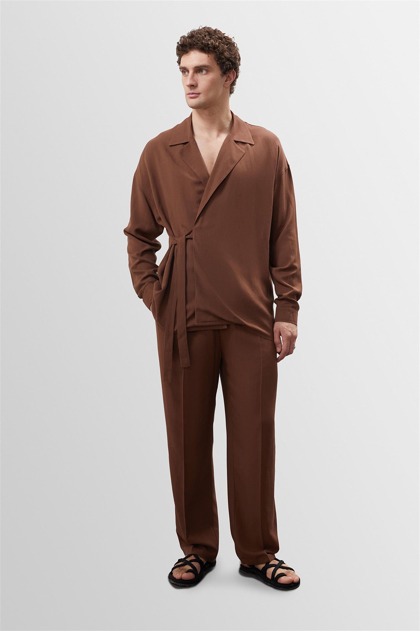 Men's Brown High Waist Pleated Linen Blend Trousers