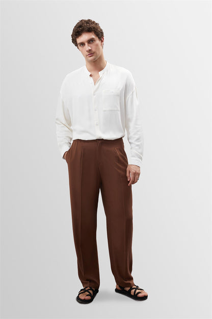 Men's Brown High Waist Pleated Linen Blend Trousers