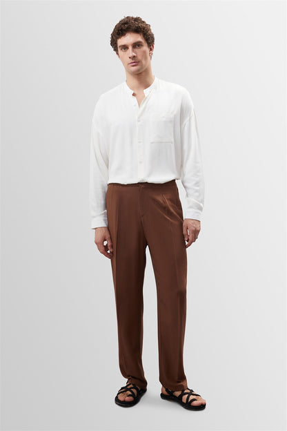 Men's Brown High Waist Pleated Linen Blend Trousers